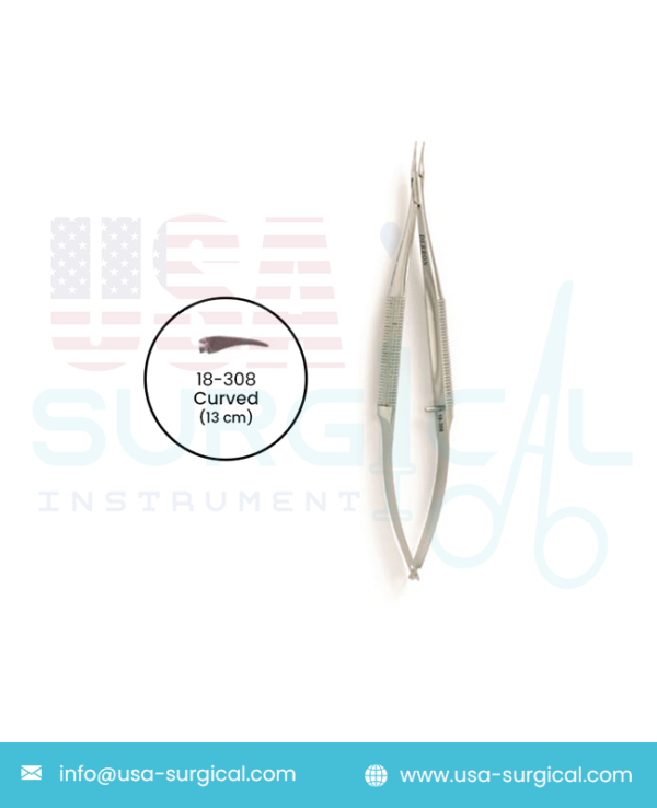 BARRAQUER Needle Holder, curved, delicate tapered jaws, round handle