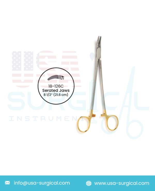 HEANEY Needle Holder - Tungsten Carbide, Curved heavy design with serated jaws