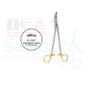 STRATTE Needle Holder - Tungsten Carbide, Double curved jaws and shanks with serrated jaws