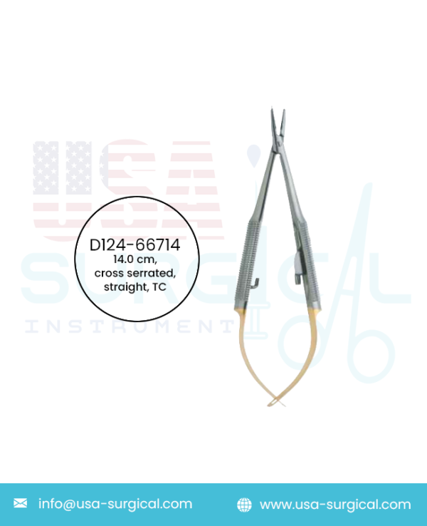 Barraquer Delicate, Needle Holders with round handle, with lock, tip 1.2 x 1.8 mm, cross serrated, straight, TC - GOLD