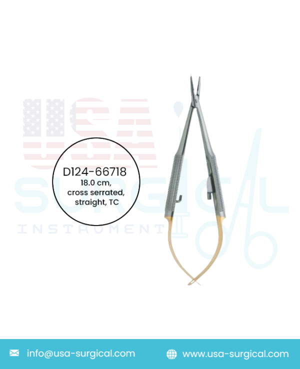 Barraquer Delicate, Needle Holders with round handle, with lock, tip 1.2 x 1.8 mm, cross serrated, straight, TC - GOLD