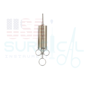 EAR SYRINGES - Stainless steel, precision plunger, shaft graduated in 1/2” (.015 liter) ounces, one tapered, one short bulbous tip and shield, 2 oz. (.06 liter)