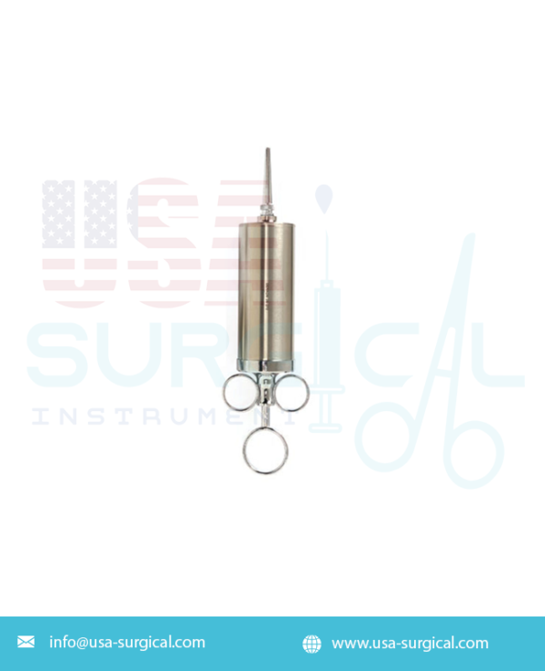 EAR SYRINGES - Stainless steel, precision plunger, shaft graduated in 1/2” (.015 liter) ounces, one tapered, one short bulbous tip and shield, 2 oz. (.06 liter)