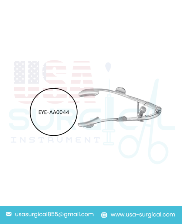 Lester-Burch Eye Speculum with flanges on blades for retaining eye lashes adjustable mechanism with locking screw