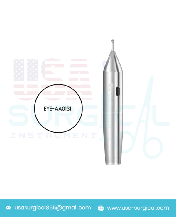 Ophthalmic Burr for polishing pterygiums Includes one 3.3mm diameter round diamond burr, two “AA” batteries and storage case.