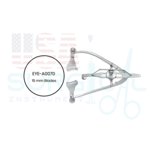 Maumenee-Park Eye Speculum with canthus hook blade locking screws, 15mm fenestrated blades